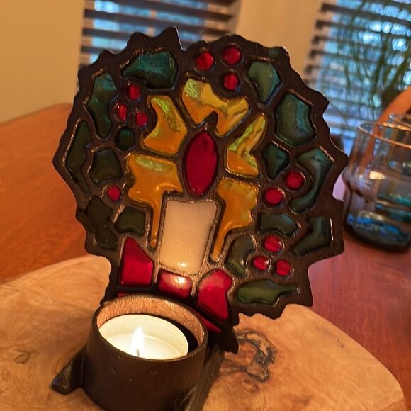 Vintage Taiwan Stained Glass Candle Tea Light Holder - Picture 3 of 6